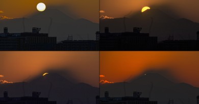 La puesta de Sol detrás del Monte Fuji (Japón)