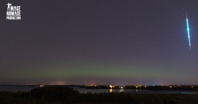 Foto de un bólido y auroras boreales desde Quebec, Canadá
