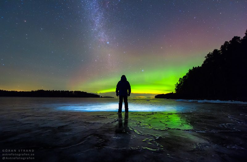 Auroras boreales y la Vía Láctea desde Östersund, Suecia
