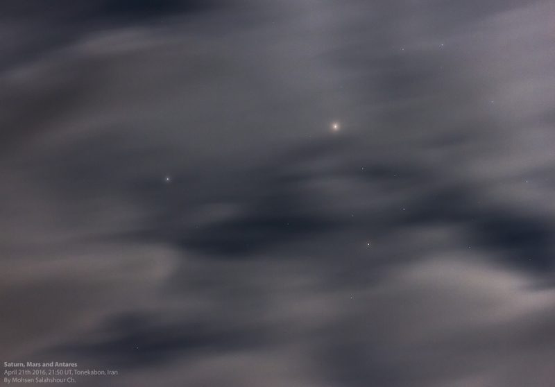 Saturno, Marte y Antares entre las nubes desde Irán