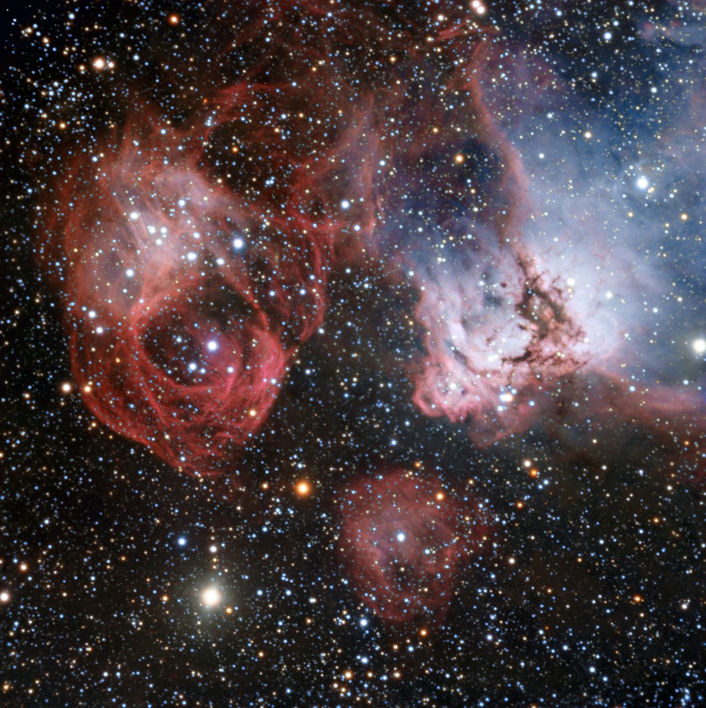 The Large Magellanic Cloud is one of the closest galaxies to our own. Astronomers have now used the power of the ESO’s Very Large Telescope to explore NGC 2035, one of its lesser known regions, in great detail. This new image shows clouds of gas and dust where hot new stars are being born and are sculpting their surroundings into odd shapes. But the image also shows the effects of stellar death — filaments created by a supernova explosion (left).