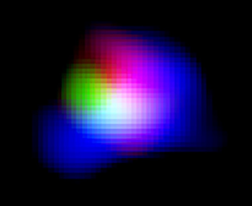 Light from ionised oxygen detected by ALMA is shown in green. Light from ionised hydrogen detected by the Subaru Telescope and ultraviolet light detected by the UK Infrared Telescope (UKIRT) are shown in blue and red, respectively.