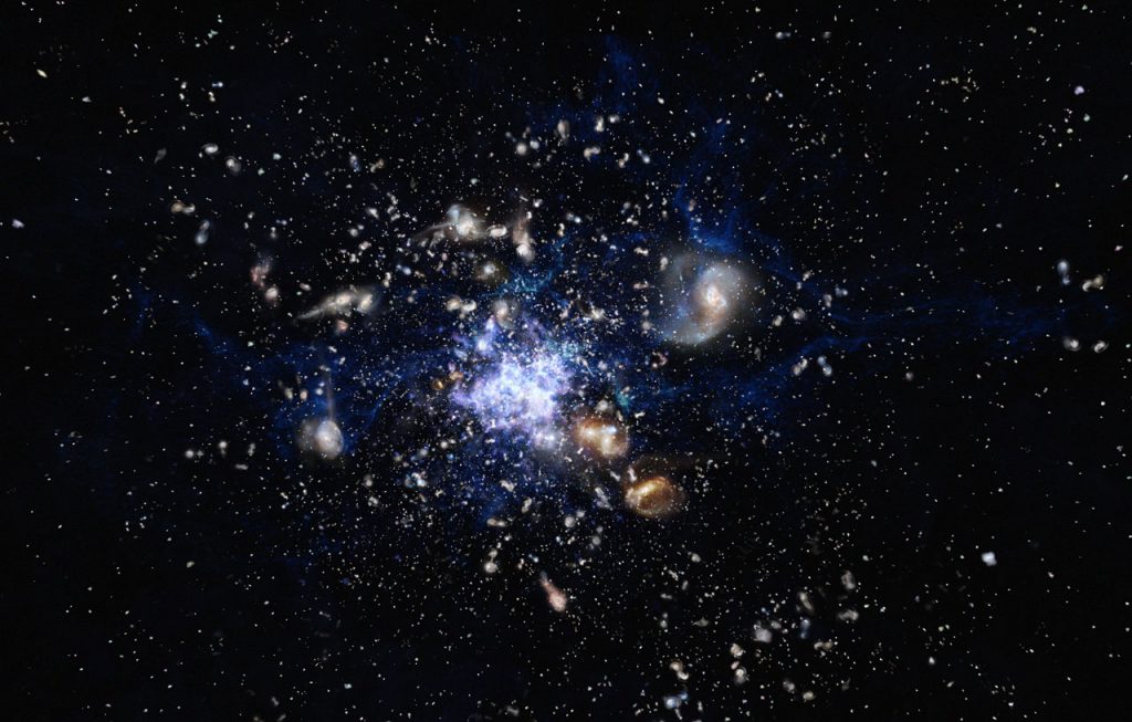 This artist’s impression depicts the formation of a galaxy cluster in the early Universe. The galaxies are vigorously forming new stars and interacting with each other. Such a scene closely resembles the Spiderweb Galaxy (formally known as MRC 1138-262) and its surroundings, which is one of the best-studied protoclusters.