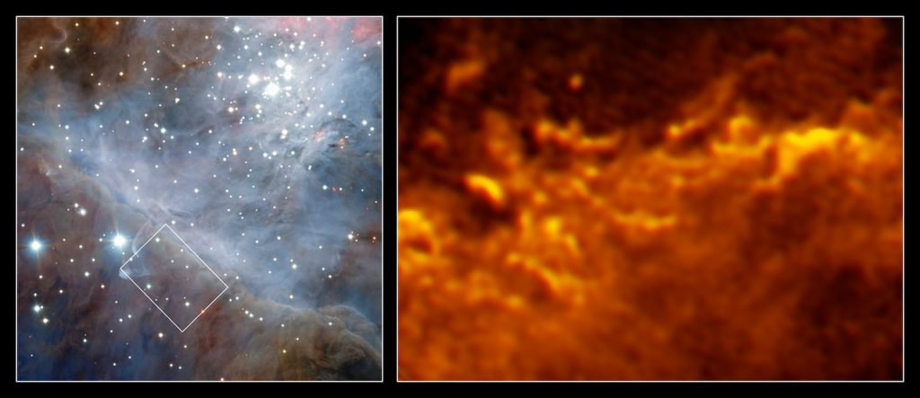 These images show the edge of the vast molecular cloud that lies behind the Orion Nebula, 1400 light-years from Earth. The image of the left shows a wide-field view of the region, as seen with the HAWK-I instrument, installed at the Very Large Telescope. A small region is highlighted with a white rectangle, and the rightmost image shows that region in stunning fiery detail, observed with the Atacama Large Millimeter/submillimeter Array (ALMA). As well as producing beautiful images, molecular clouds are of great interest to astronomers. The clouds are stellar nurseries and at their edge atoms react and form molecules by key astrochemical processes. With the ALMA observations scientists were able to resolve this transition from atomic to molecular gas at the border of the Orion molecular cloud. As Orion is the nearest massive star-forming region it is the ideal target to find out more about these astrochemical processes, and it also offers the possibility to study the interactions of newly formed stars with their surroundings in detail. Both observations show that this fascinating astrochemical transition from atomic to molecular gas happens in a highly dynamic environment. ALMA’s view of the nebula particularly resembles the dark clouds of a huge upcoming storm in Earth’s atmosphere.