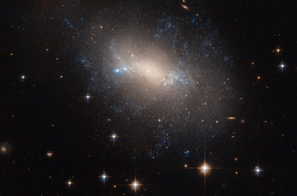 This galaxy, known as NGC 2337, resides 25 million light-years away in the constellation of Lynx. NGC 2337 is an irregular galaxy, meaning that it — along with a quarter of all galaxies in the Universe — lacks a distinct, regular appearance. The galaxy &nbsp;was discovered in 1877 by the French astronomer Édouard Stephan who, in the same year, discovered the galactic group Stephan’s Quintet (heic0910i). Although irregular galaxies may never win a beauty prize when competing with their more symmetrical spiral and elliptical peers, astronomers consider them to be very important. Some irregular galaxies may have once fallen into one of the regular classes of the Hubble sequence, but were warped and deformed by a passing cosmic companion. As such, irregular galaxies provide astronomers with a valuable opportunity to learn more about galactic evolution and interaction. Despite the disruption, gravitational interactions between galaxies can kickstart star formation activity within the affected galaxies, which may explain the pockets of blue light scattered throughout NGC 2337. These patches and knots of blue signal the presence of young, newly formed, hot stars.