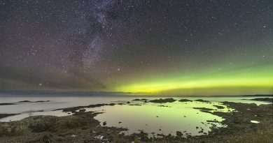 La Vía Láctea y auroras boreales desde Ontario, Canadá