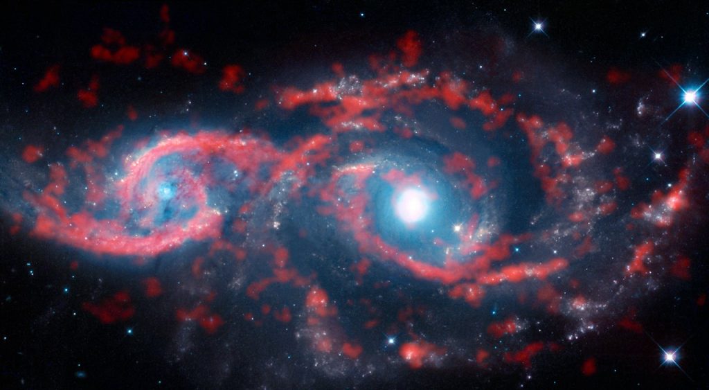 Astronomers spend their time gazing out into the niverse — and occasionally the Universe seems to peer right back! This image, a composite of data from the Atacama Large Millimeter/submillimeter Array (ALMA) and the NASA/ESA Hubble Space Telescope, shows a very rare cosmic sight: a pair of interacting galaxies that have taken on an ocular structure. As the name suggests, some types of grazing encounters between galaxies create shapes that resemble the human eye. While galaxy collisions of this type are not uncommon, only a few galaxies with eye-like, or ocular, structures have been observed. The paucity of these features is likely due to their very ephemeral nature — ocular structures like these tend to only last for several tens of millions of years, which is merely the blink of an eye in a galactic lifetime. These two galaxies are named IC 2163 (left) and NGC 2207 (right) — IC 2163 displays the ocular structure in this image. The duo lies approximately 114 million light-years from Earth in the direction of the constellation of Canis Major (The Greater Dog). The galaxies have brushed past each other — scraping the outer edges of their spiral arms —with IC 2163 passing behind NGC 2207. This glancing collision triggered a tsunami of stars and gas in IC 2163, with material in the outer portions of the disc of the galaxy travelling inwards This colossal wave of material decelerated rapidly moving from the outer to the inner edge of the eyelids and crashed midway through the galaxy’s disc, producing dazzling ribbons of intense star formation and compressed ridges of gas and dust that resemble a pair of cosmic “eyelids”. Notes The Atacama Large Millimeter/submillimeter Array (ALMA), an international astronomy facility, is a partnership of the European Organisation for Astronomical Research in the Southern Hemisphere (ESO), the U.S. National Science Foundation (NSF) and the National Institutes of Natural Sciences (NINS) of Japan in cooperation with the
