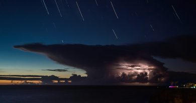 Rastro de estrellas y una tormenta eléctrica desde Tenerife (España)