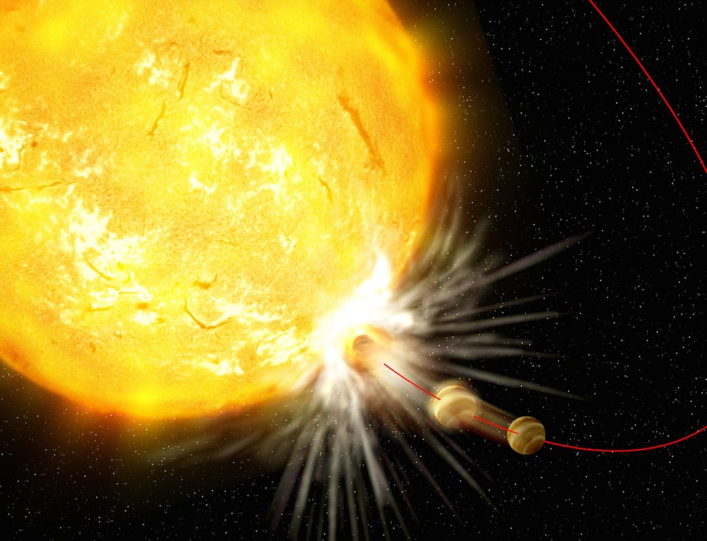 Artist's impression of the engulfment of a planet. Although this sounds like the recipe for a dramatic science-fiction story, there is observational evidence that planets may fall into their host stars.