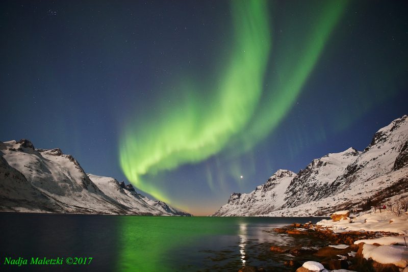 Auroras boreales y el planeta Venus desde el norte de Noruega