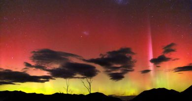 Auroras australes y las Nubes de Magallanes desde Nueva Zelanda