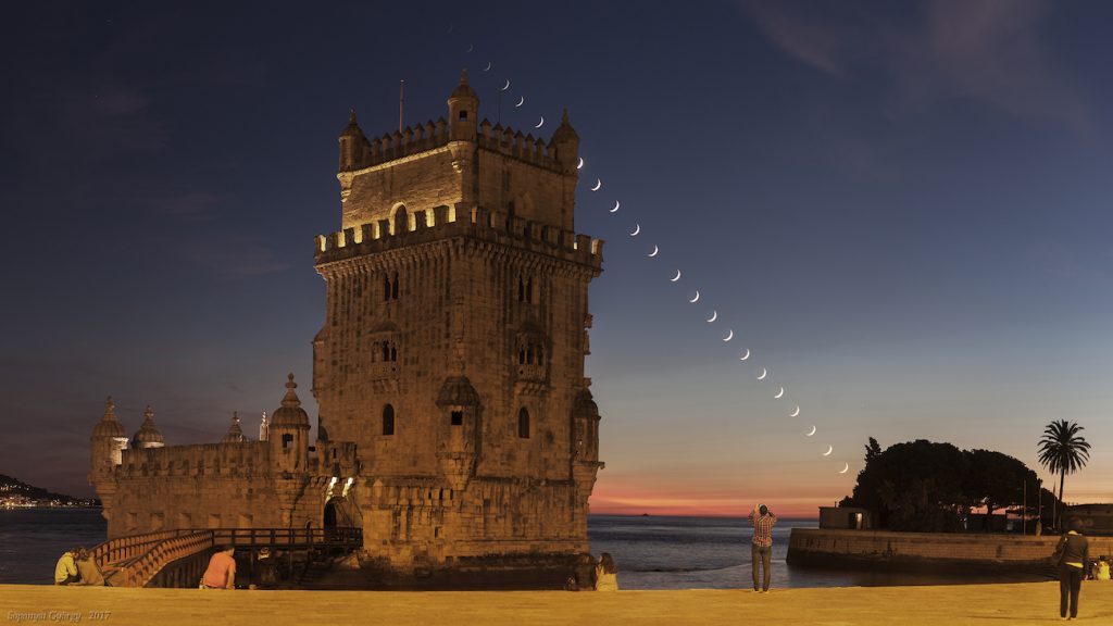 La secuencia de la puesta de la Luna y la Torre de Belém (Lisboa)