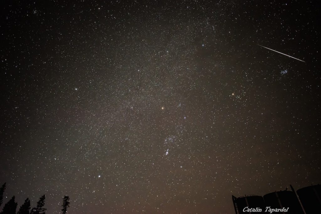 Una gemínida, las Pléyades y la constelación de Tauro