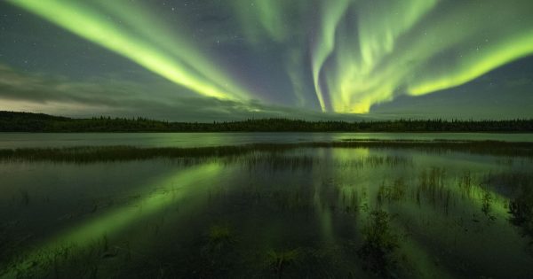 Auroras boreales captadas sobre Yellowknife, Canadá