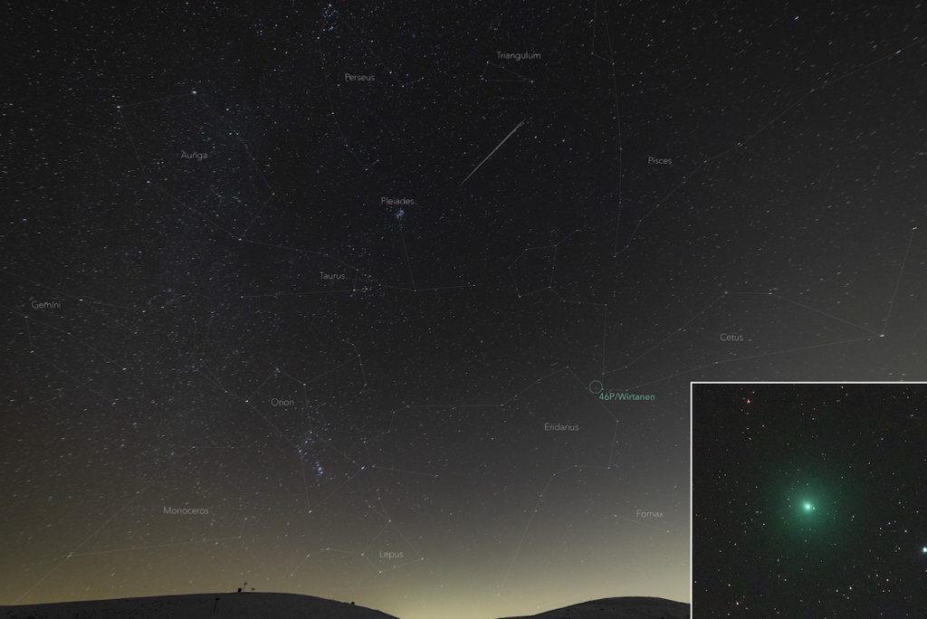 Imagen de un meteoro y el Cometa 46P/Wirtanen tomada desde Cusio, Italia