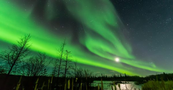Auroras boreales y la Luna fotografiadas desde los Territorios del Noroeste, Canadá
