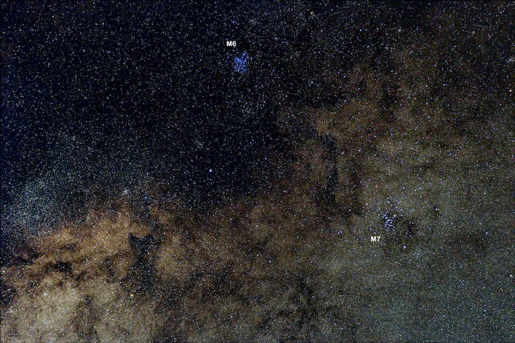 Imagen de los cúmulos abiertos Messier 6 y Messier 7