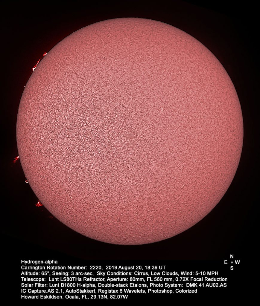 Imagen del Sol tomada el 20 de agosto de 2019 (H-alfa)