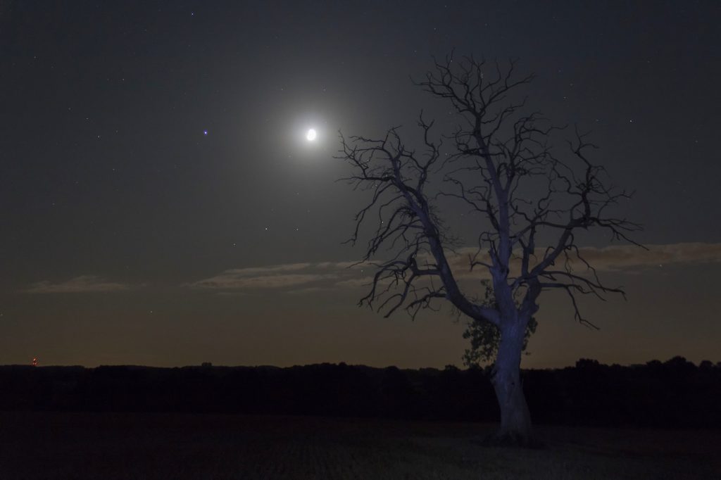 Foto de la conjunción de la Luna, Júpiter y Antares tomada desde Francia