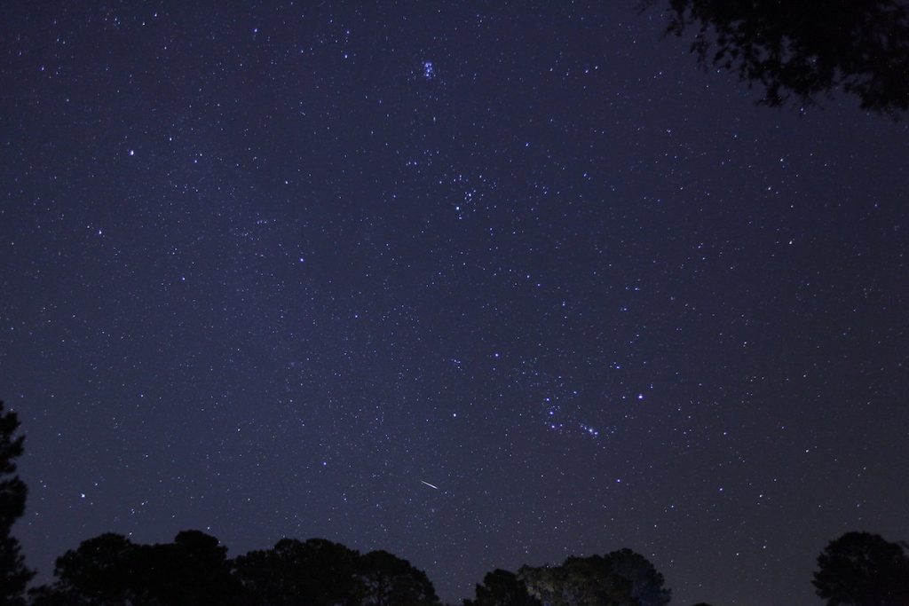 Fotografía de la constelación de Orión y un meteoro tomada desde Carolina del Sur