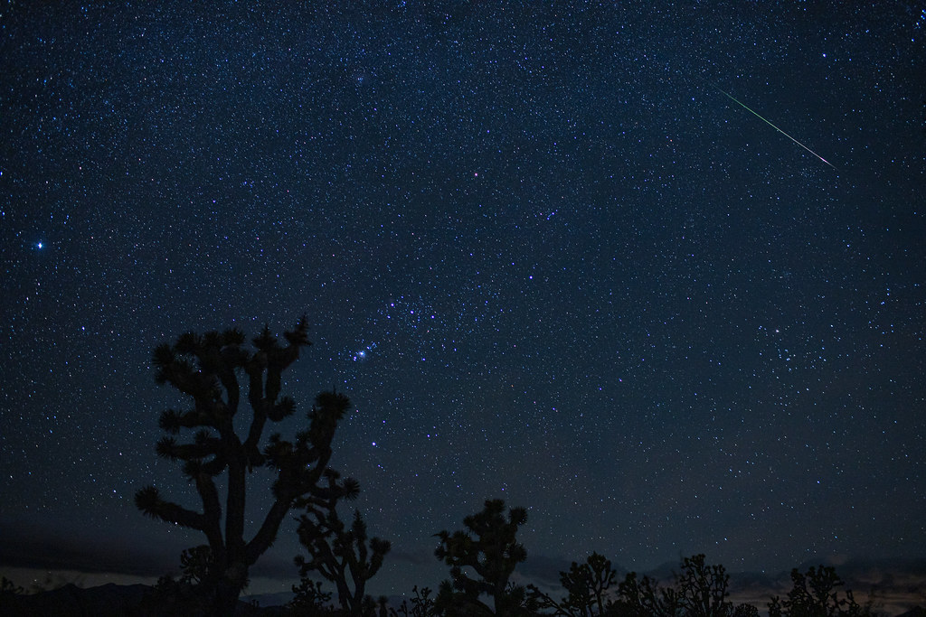 Fotografía de una gemínida y la constelación de Orión