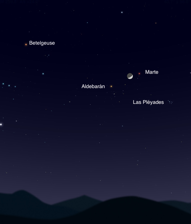 Esta noche se podrá observar la conjunción de la Luna, Marte y la estrella Aldebarán