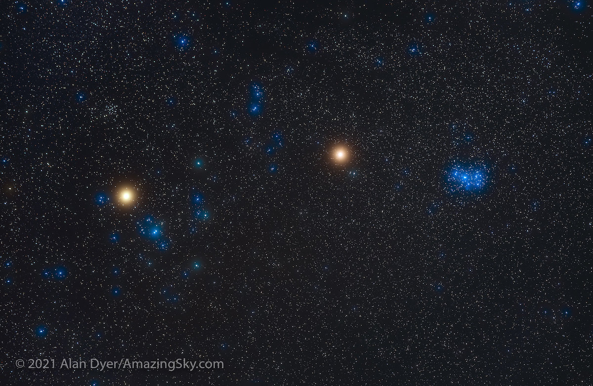 Imagen de Aldebarán, Marte y las Pléyades tomada desde Alberta, Canadá