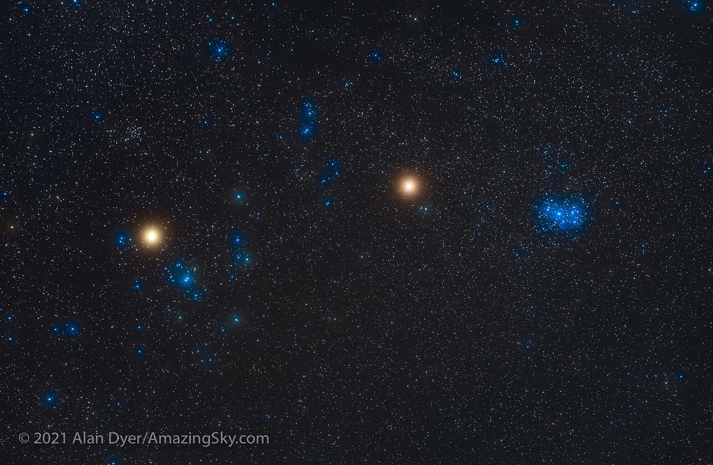 Mars Amid the Taurus Star Clusters