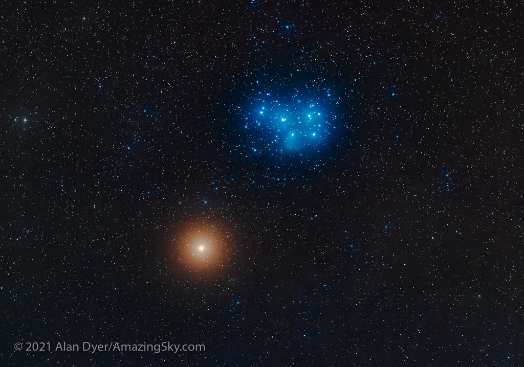 Las Pléyades y Marte fotografiados desde Alberta, Canadá