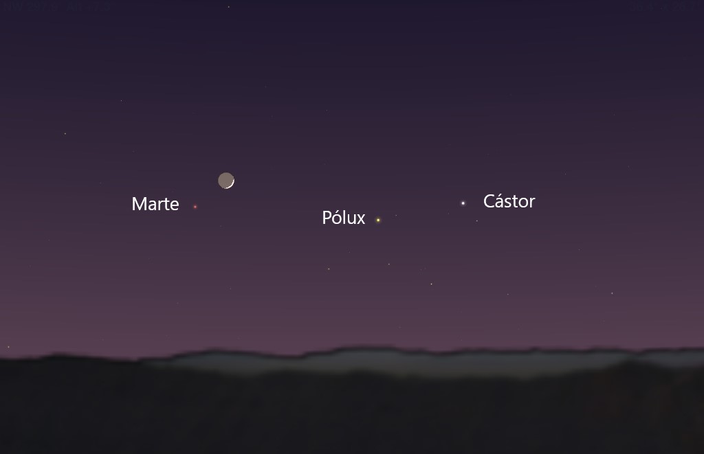 Esta noche se podrá observar la conjunción de la Luna, Marte, Pólux y Cástor