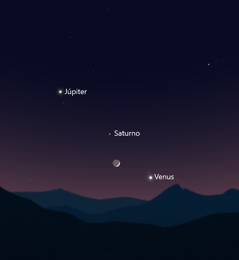 La conjunción de la Luna, Saturno y Venus será visible hoy al anochecer